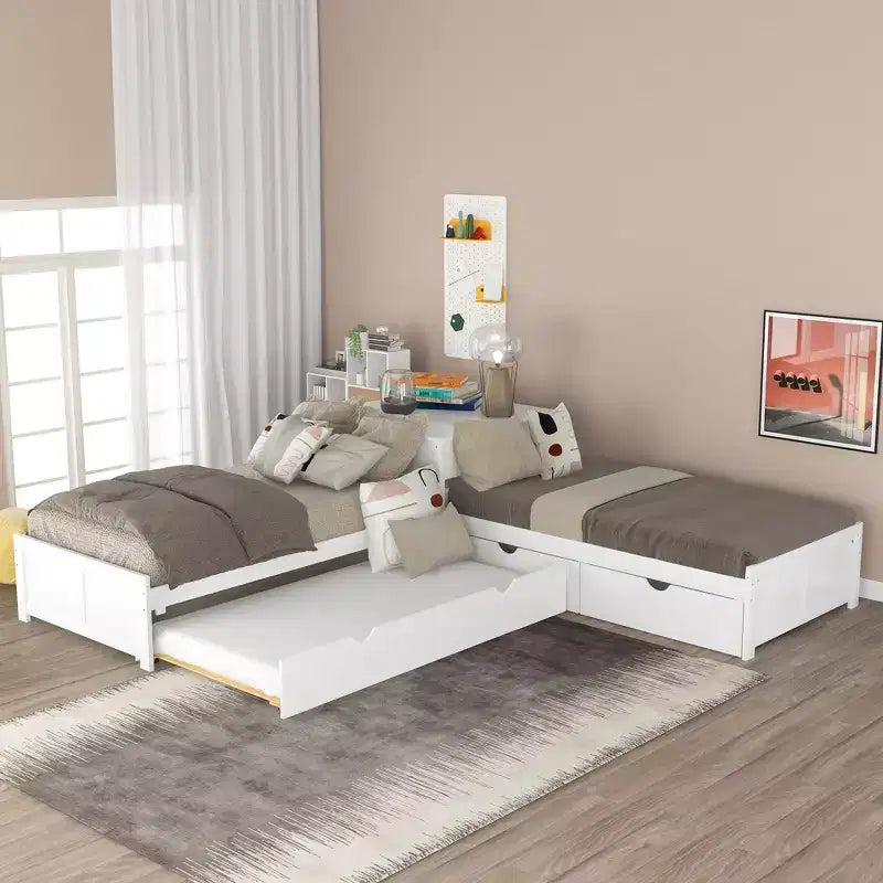 Letto a piattaforma a L con letto estraibile e cassetti, collegato a una scrivania integrata, singolo, bianco