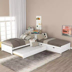 Letto a piattaforma a L con letto estraibile e cassetti, collegato a una scrivania integrata, singolo, bianco