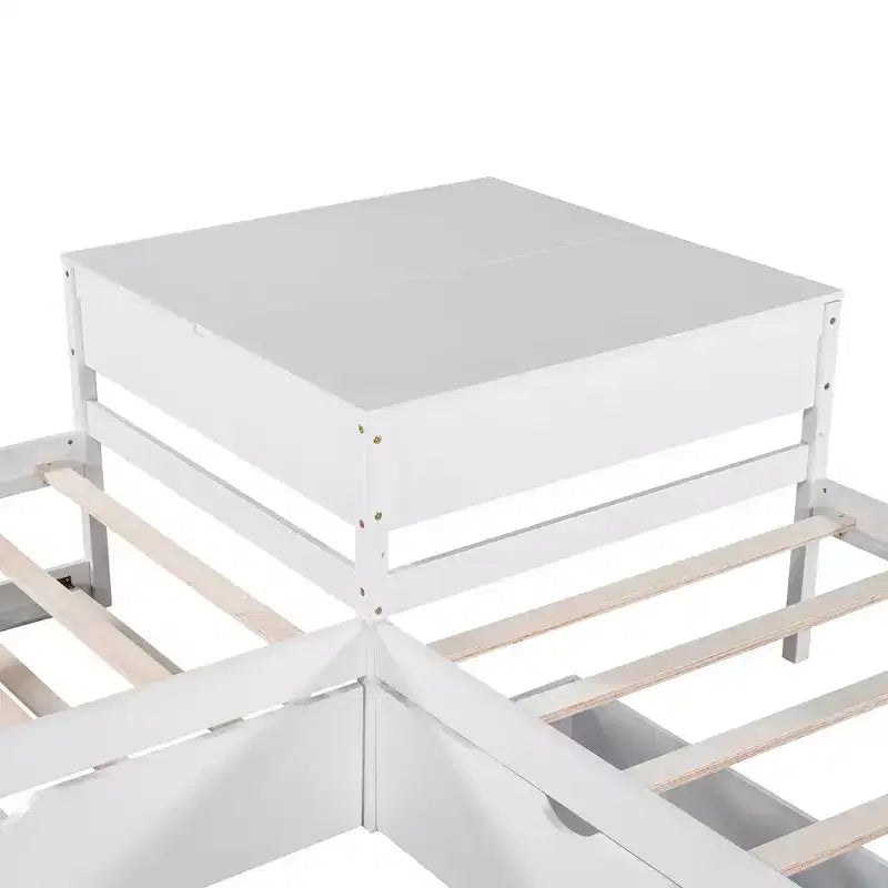 Letto a piattaforma a L con letto estraibile e cassetti, collegato a una scrivania integrata, singolo, bianco
