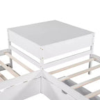 Letto a piattaforma a L con letto estraibile e cassetti, collegato a una scrivania integrata, singolo, bianco
