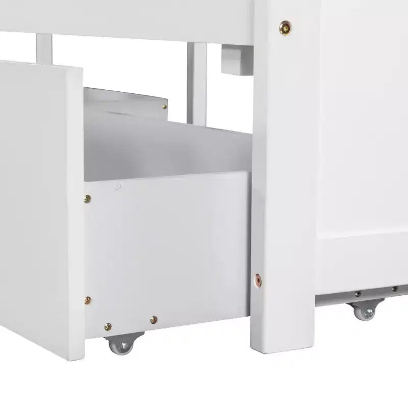 Letto a piattaforma a L con letto estraibile e cassetti, collegato a una scrivania integrata, singolo, bianco