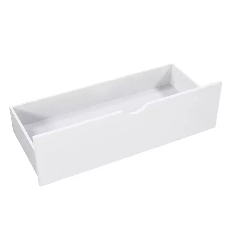 Letto a piattaforma a L con letto estraibile e cassetti, collegato a una scrivania integrata, singolo, bianco