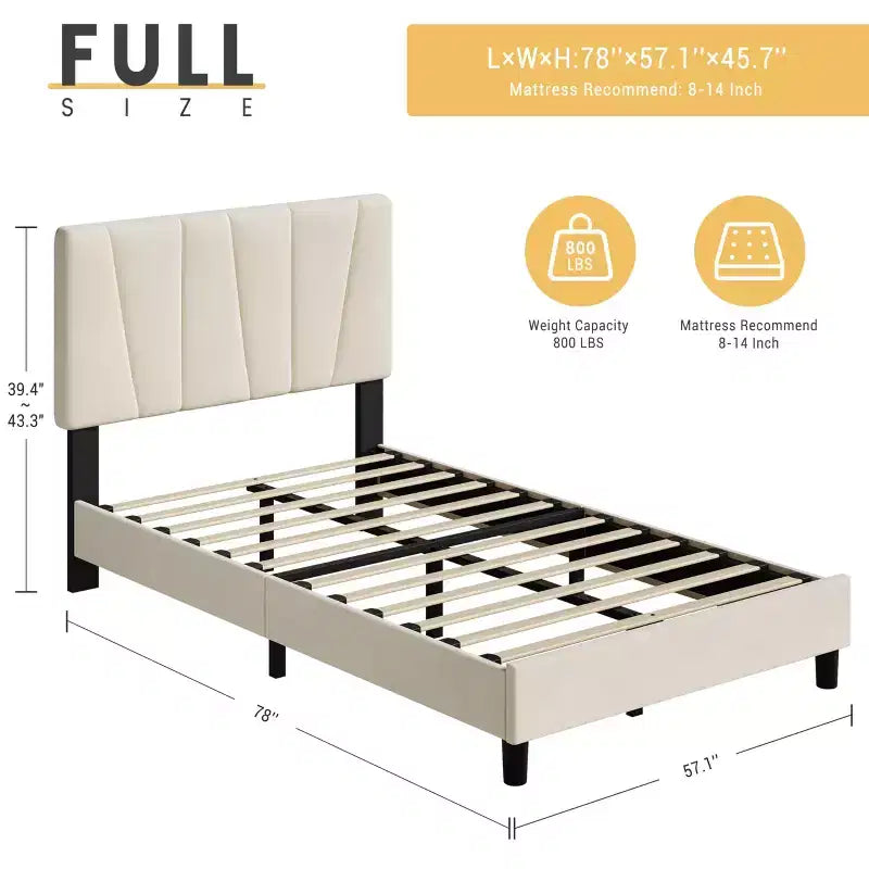 Struttura letto imbottita matrimoniale con testiera regolabile - Struttura letto a piattaforma trapuntata in velluto, non è necessario il box spring, Beige