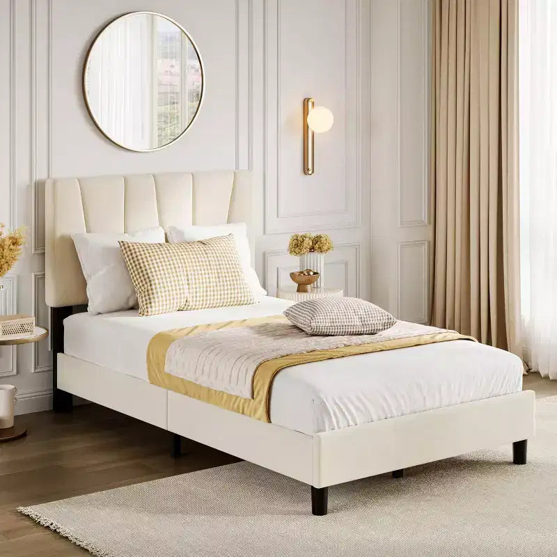 Struttura letto imbottita matrimoniale con testiera regolabile - Struttura letto a piattaforma trapuntata in velluto, non è necessario il box spring, Beige