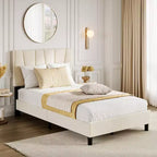 Struttura letto imbottita matrimoniale con testiera regolabile - Struttura letto a piattaforma trapuntata in velluto, non è necessario il box spring, Beige