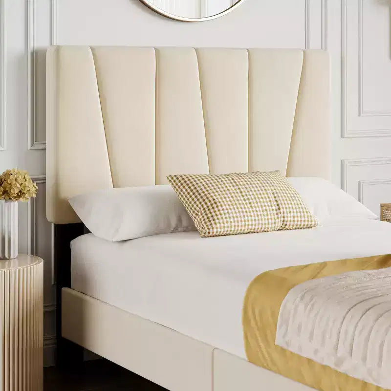 Struttura letto imbottita matrimoniale con testiera regolabile - Struttura letto a piattaforma trapuntata in velluto, non è necessario il box spring, Beige