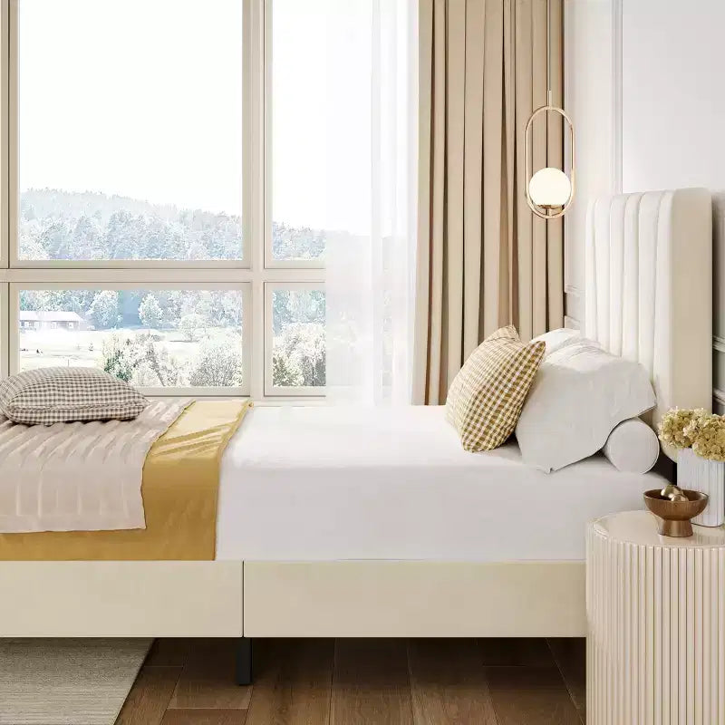 Struttura letto imbottita matrimoniale con testiera regolabile - Struttura letto a piattaforma trapuntata in velluto, non è necessario il box spring, Beige