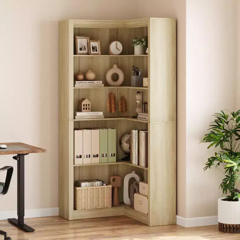 Libreria angolare alta 182 cm, libreria a L a 5 ripiani, librerie da fattoria con contenitore per soggiorno e ufficio