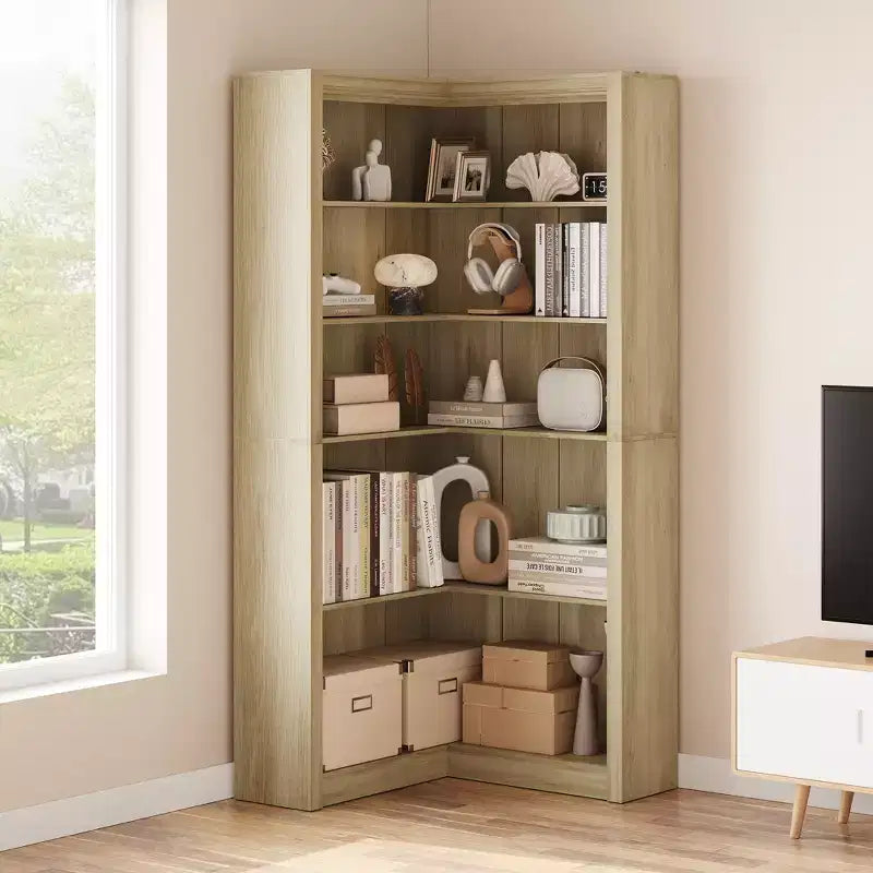 Libreria angolare alta 182 cm, libreria a L a 5 ripiani, librerie da fattoria con contenitore per soggiorno e ufficio