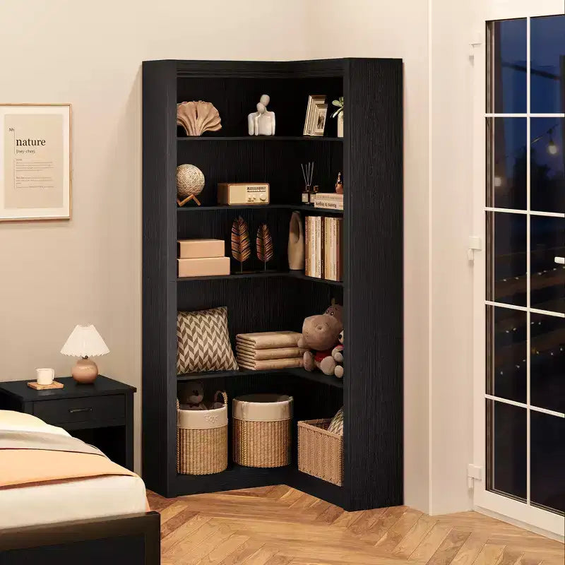 Libreria angolare alta 182 cm, libreria a L a 5 ripiani, librerie da fattoria con contenitore per soggiorno e ufficio