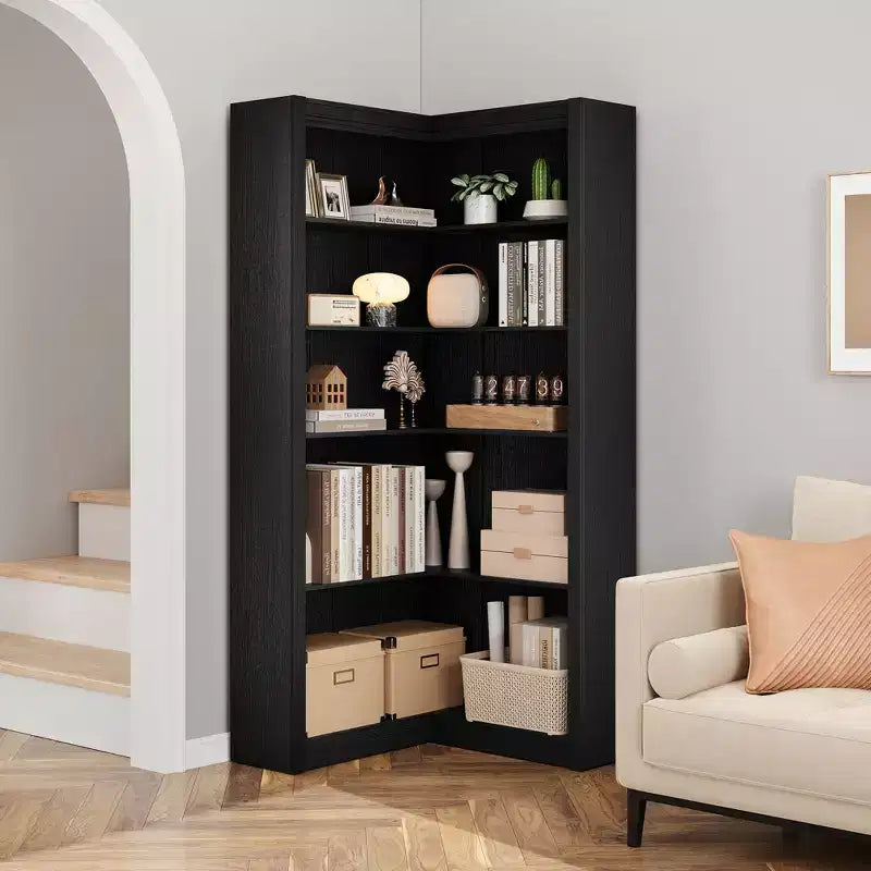 Libreria angolare alta 182 cm, libreria a L a 5 ripiani, librerie da fattoria con contenitore per soggiorno e ufficio