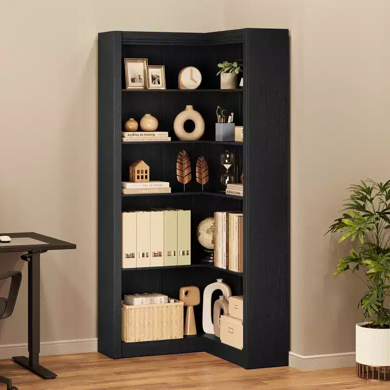 Libreria angolare alta 182 cm, libreria a L a 5 ripiani, librerie da fattoria con contenitore per soggiorno e ufficio