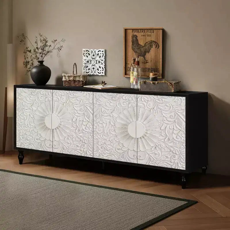 Mobiletto Contenitore con Anta Intagliata a Fiori, Credenza da Ingresso con Maniglia in Metallo, Mobiletto per Soggiorno