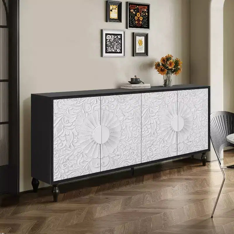 Mobiletto Contenitore con Anta Intagliata a Fiori, Credenza da Ingresso con Maniglia in Metallo, Mobiletto per Soggiorno