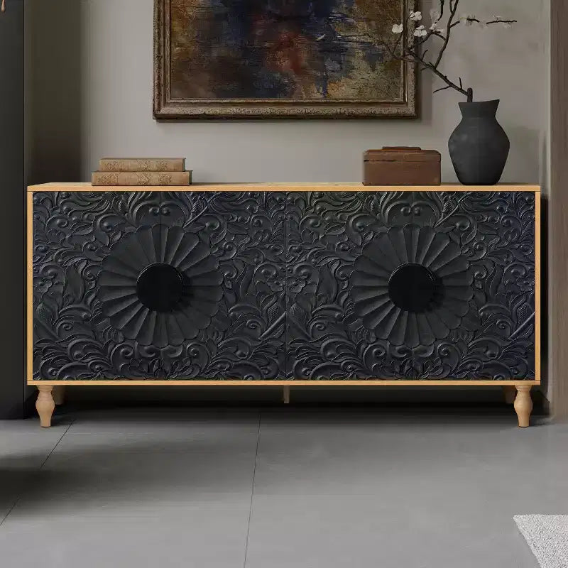 Mobiletto Contenitore con Anta Intagliata a Fiori, Credenza da Ingresso con Maniglia in Metallo, Mobiletto per Soggiorno