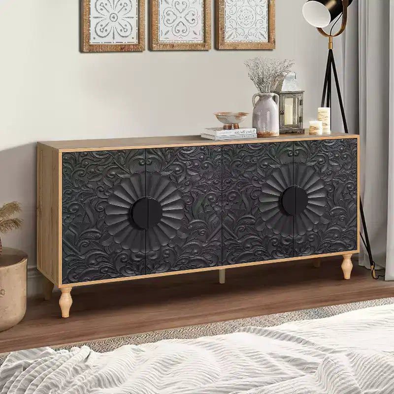 Mobiletto Contenitore con Anta Intagliata a Fiori, Credenza da Ingresso con Maniglia in Metallo, Mobiletto per Soggiorno
