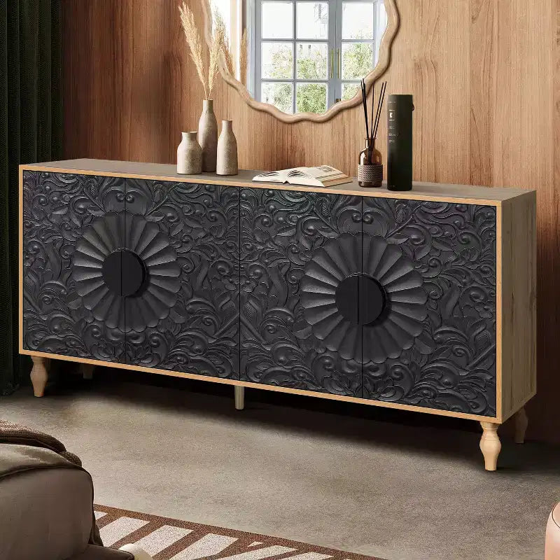 Mobiletto Contenitore con Anta Intagliata a Fiori, Credenza da Ingresso con Maniglia in Metallo, Mobiletto per Soggiorno