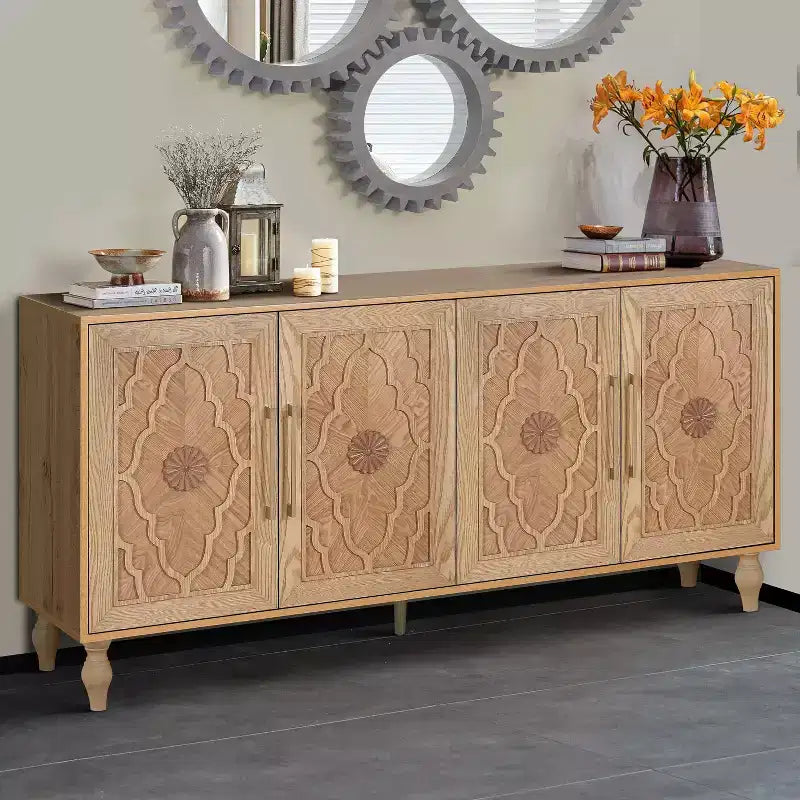 Mobiletto Contenitore con Anta Intagliata a Fiori, Credenza da Ingresso con Maniglia in Metallo, Mobiletto per Soggiorno