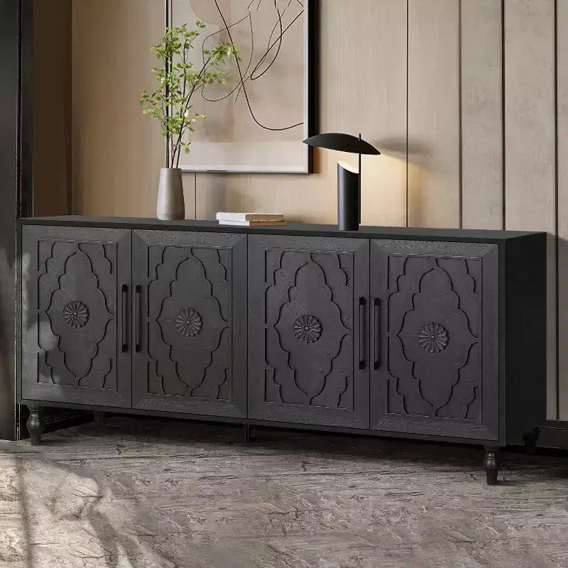 Mobiletto Contenitore con Anta Intagliata a Fiori, Credenza da Ingresso con Maniglia in Metallo, Mobiletto per Soggiorno