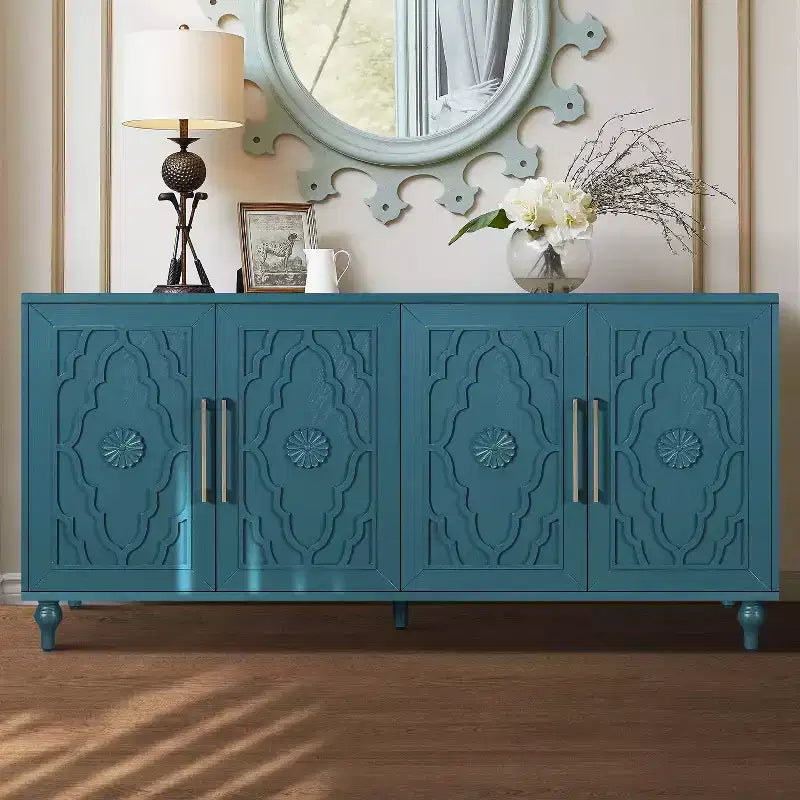 Mobiletto Contenitore con Anta Intagliata a Fiori, Credenza da Ingresso con Maniglia in Metallo, Mobiletto per Soggiorno