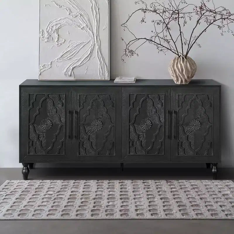 Mobiletto Contenitore con Anta Intagliata a Fiori, Credenza da Ingresso con Maniglia in Metallo, Mobiletto per Soggiorno