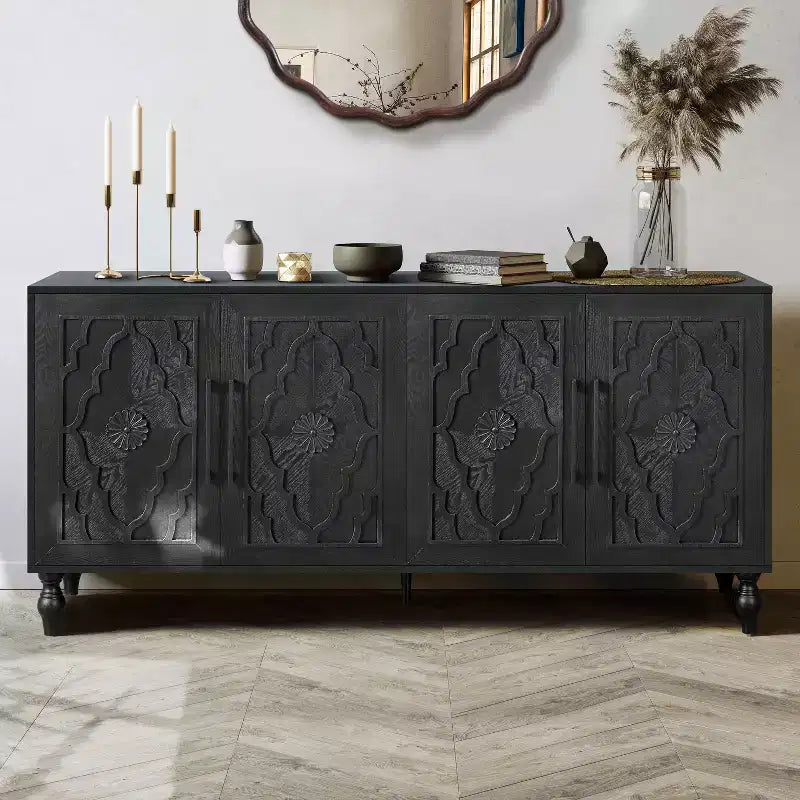 Mobiletto Contenitore con Anta Intagliata a Fiori, Credenza da Ingresso con Maniglia in Metallo, Mobiletto per Soggiorno