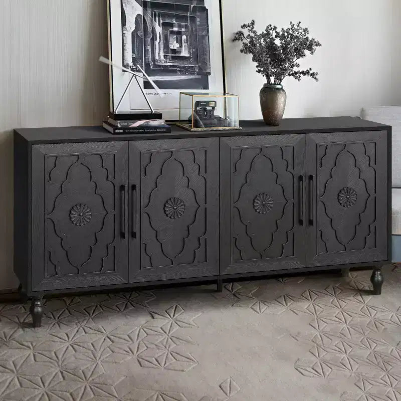 Mobiletto Contenitore con Anta Intagliata a Fiori, Credenza da Ingresso con Maniglia in Metallo, Mobiletto per Soggiorno