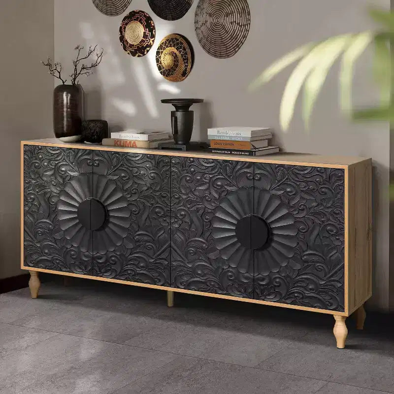 Mobiletto Contenitore con Anta Intagliata a Fiori, Credenza da Ingresso con Maniglia in Metallo, Mobiletto per Soggiorno