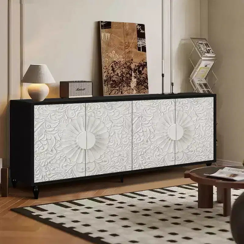 Mobiletto Contenitore con Anta Intagliata a Fiori, Credenza da Ingresso con Maniglia in Metallo, Mobiletto per Soggiorno