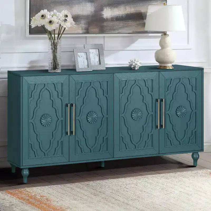 Mobiletto Contenitore con Anta Intagliata a Fiori, Credenza da Ingresso con Maniglia in Metallo, Mobiletto per Soggiorno