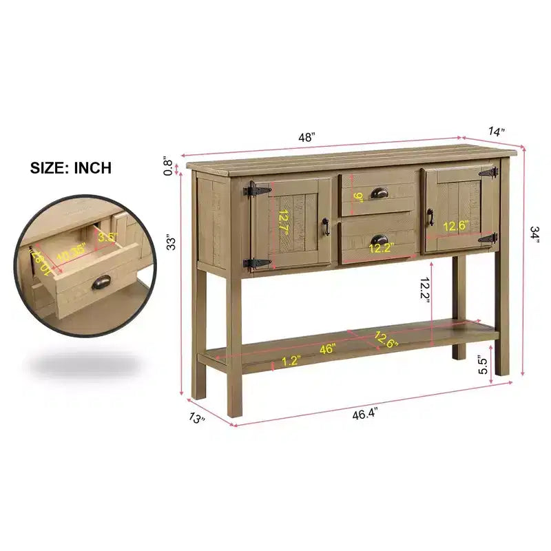 Tavolo console da 48 pollici in legno massello con 2 cassetti e armadietti per soggiorno e sala da pranzo, rustico