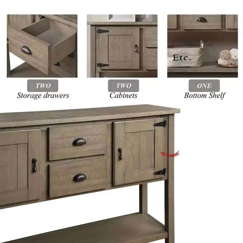 Tavolo console da 48 pollici in legno massello con 2 cassetti e armadietti per soggiorno e sala da pranzo, rustico