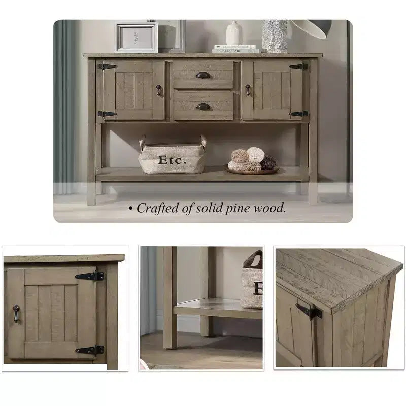 Tavolo console da 48 pollici in legno massello con 2 cassetti e armadietti per soggiorno e sala da pranzo, rustico