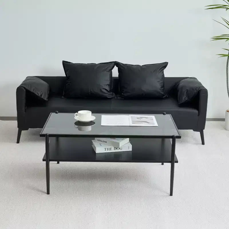 Tavolino da caffè rettangolare con piano e gambe in vetro temperato grigio, tavolo moderno per soggiorno