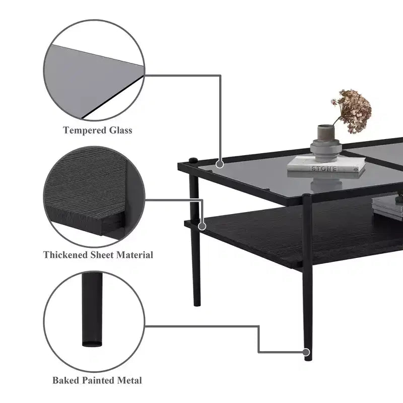 Tavolino da caffè rettangolare con piano e gambe in vetro temperato grigio, tavolo moderno per soggiorno
