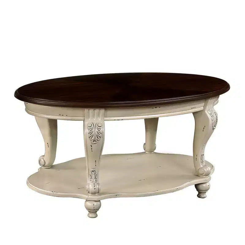 Tavolino da caffè ovale in legno da 42'' con 2 ripiani e mensola aperta per soggiorno, beige e piano color espresso