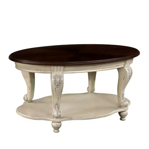 Tavolino da caffè ovale in legno da 42'' con 2 ripiani e mensola aperta per soggiorno, beige e piano color espresso
