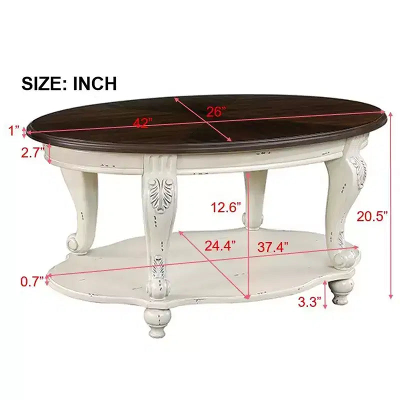 Tavolino da caffè ovale in legno da 42'' con 2 ripiani e mensola aperta per soggiorno, beige e piano color espresso