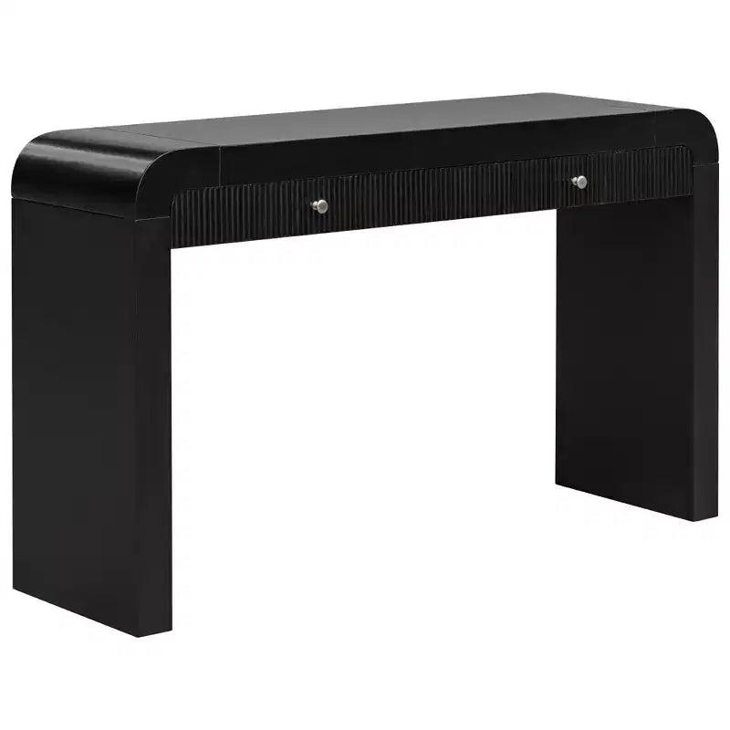 Consolle rustica con frontale del cassetto scanalato, angoli arrotondati e gambe spesse per corridoio e soggiorno, nera
