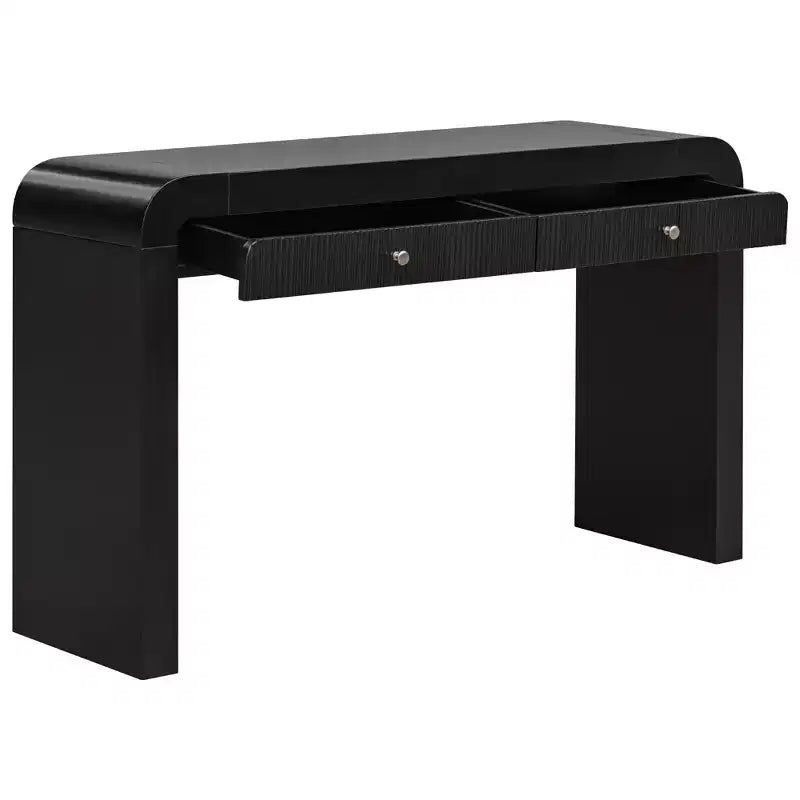 Consolle rustica con frontale del cassetto scanalato, angoli arrotondati e gambe spesse per corridoio e soggiorno, nera