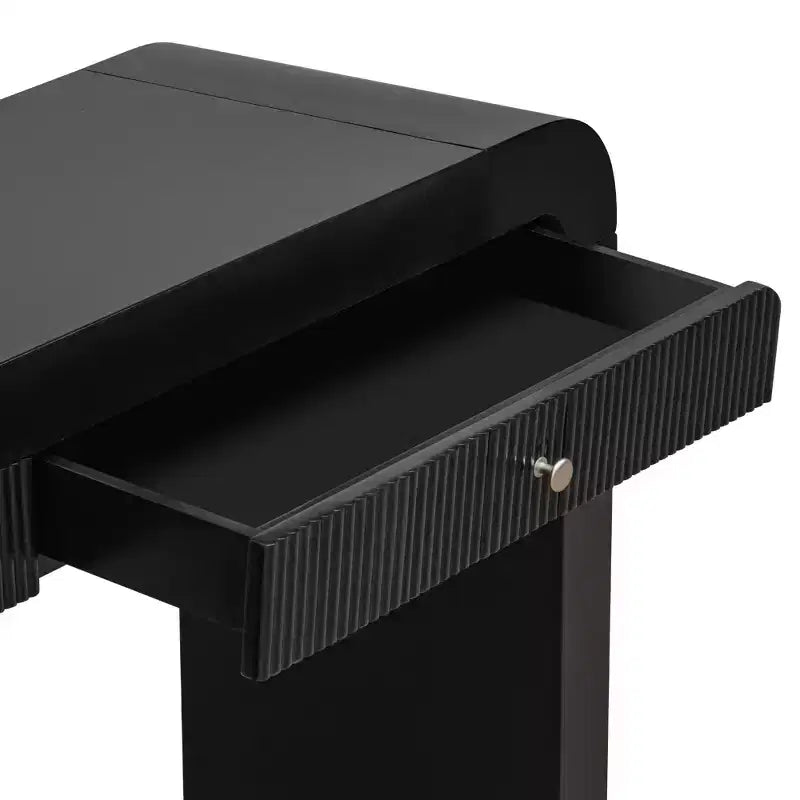 Consolle rustica con frontale del cassetto scanalato, angoli arrotondati e gambe spesse per corridoio e soggiorno, nera