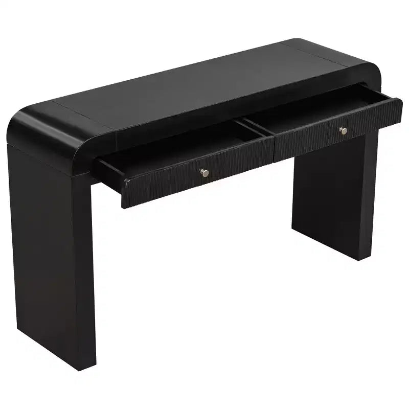 Consolle rustica con frontale del cassetto scanalato, angoli arrotondati e gambe spesse per corridoio e soggiorno, nera
