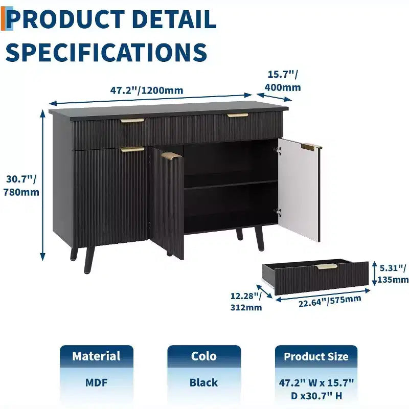 Mobile credenza moderno scanalato da 47", tavolo consolle con 3 ante, 2 cassetti e ripiani regolabili, credenza d'accento per sala da pranzo e soggiorno