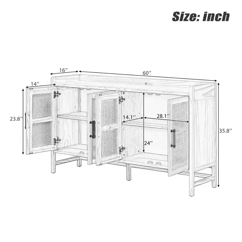 Credenza Buffet con Ante in Rattan e Mobile Contenitore per Ingresso Sala da Pranzo Cucina Soggiorno, Naturale
