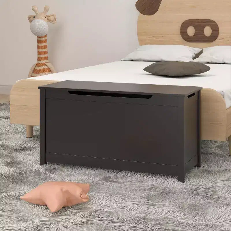 Contenitore Giocattoli in Legno con Cerniera di Sicurezza, Cassapanca Porta Giocattoli per Bambini con Coperchio per Camera da Letto, Sala Giochi, Soggiorno, 80x33x42.4 cm Marrone Scuro