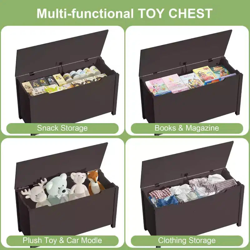 Contenitore Giocattoli in Legno con Cerniera di Sicurezza, Cassapanca Porta Giocattoli per Bambini con Coperchio per Camera da Letto, Sala Giochi, Soggiorno, 80x33x42.4 cm Marrone Scuro