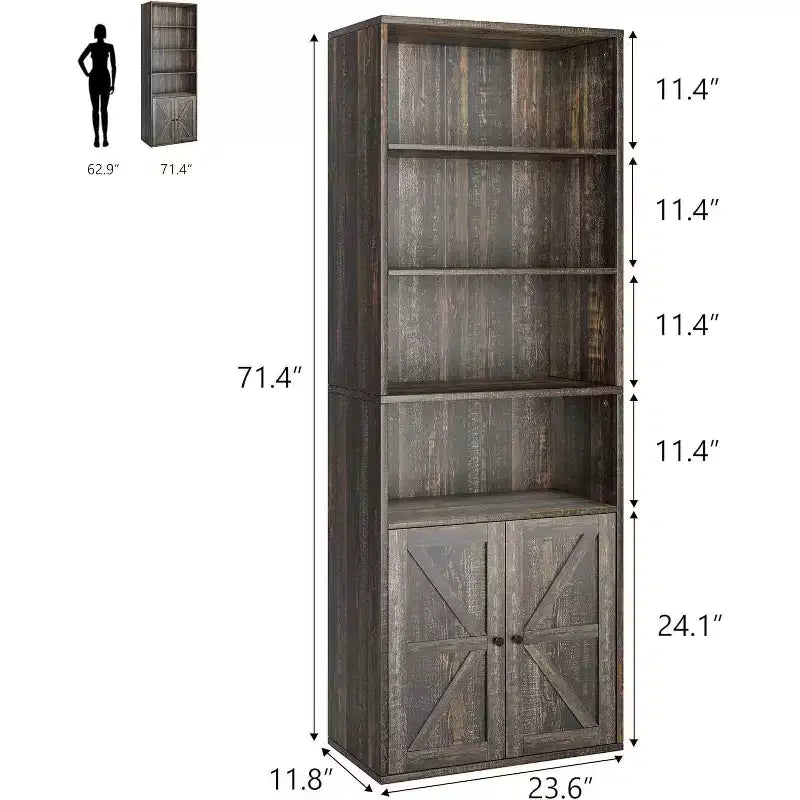 71.4 Libreria grigia con ante, Scaffale in stile industriale rustico a 6 ripiani, Mobile contenitore profondo con espositore, Confezione da 2