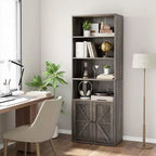 71.4 Libreria grigia con ante, Scaffale in stile industriale rustico a 6 ripiani, Mobile contenitore profondo con espositore, Confezione da 2