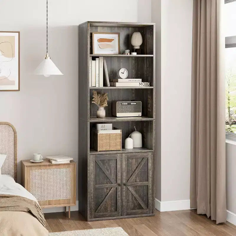 71.4 Libreria grigia con ante, Scaffale in stile industriale rustico a 6 ripiani, Mobile contenitore profondo con espositore, Confezione da 2