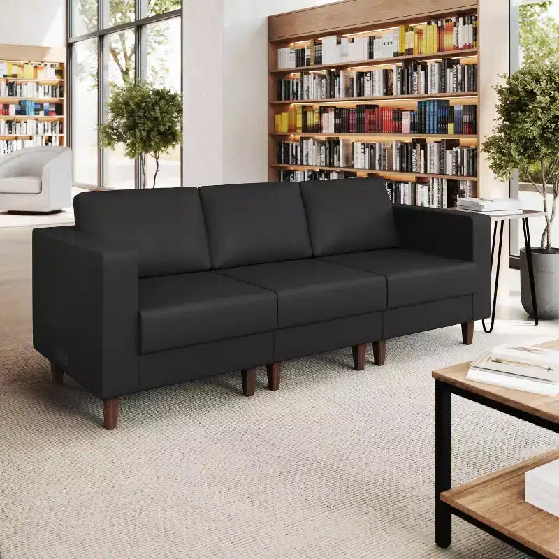 Divano da reception HERCULES Artemis imbottito con 4 prese CA/2 porte USB/2 porte USB-C e gambe in legno di noce con piedini regolabili